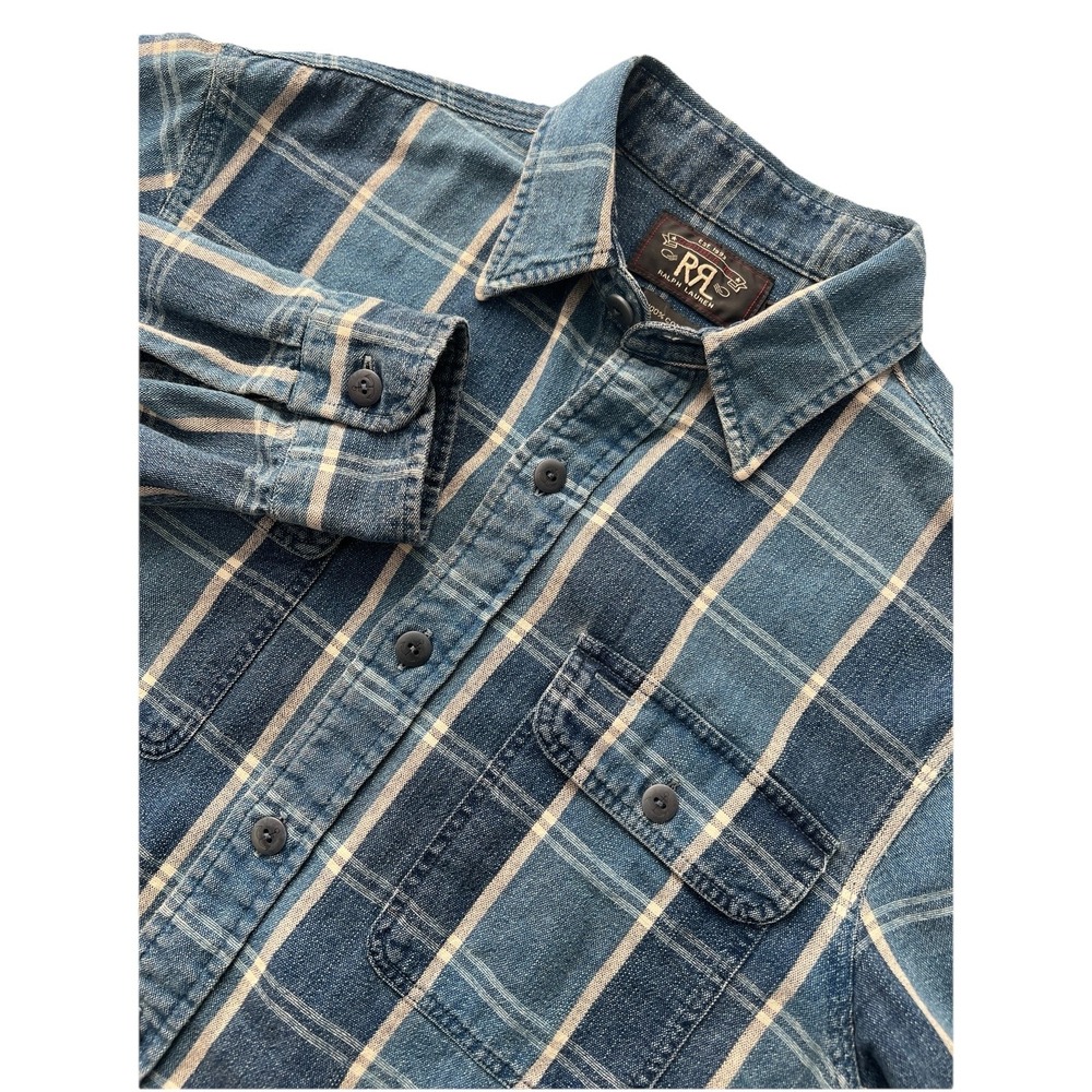 VTG RRL Double RL Ralph Lauren Mens S Blue Plaid Check Button Work Shirt RARE